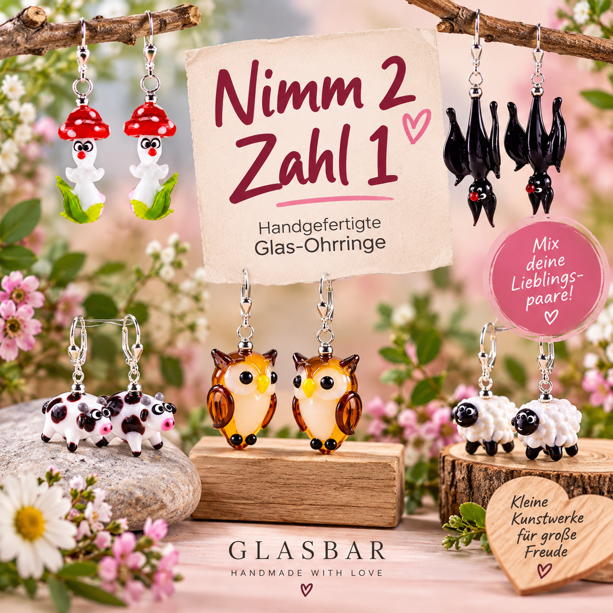 Nimm 2, zahl 1 – handgefertigte Glas-Ohrringe