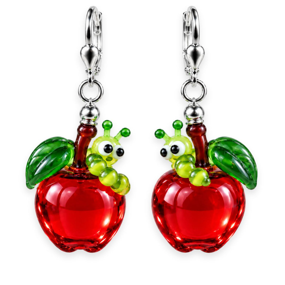 Apfel- & Birnen-Ohrringe aus Glas mit Raupe – handgemachte Unikate