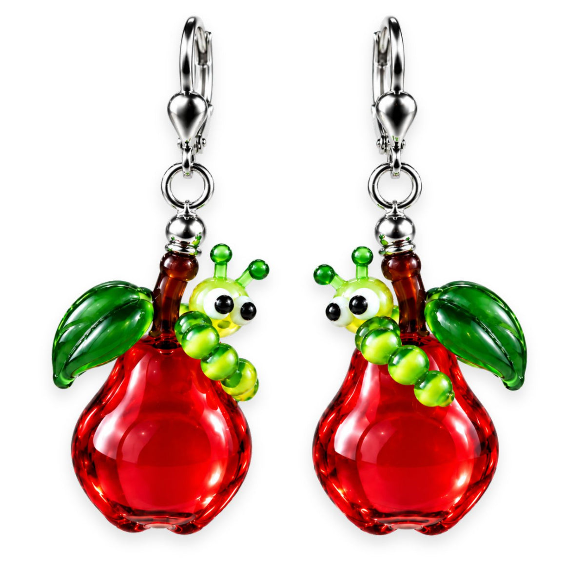 Apfel- & Birnen-Ohrringe aus Glas mit Raupe – handgemachte Unikate