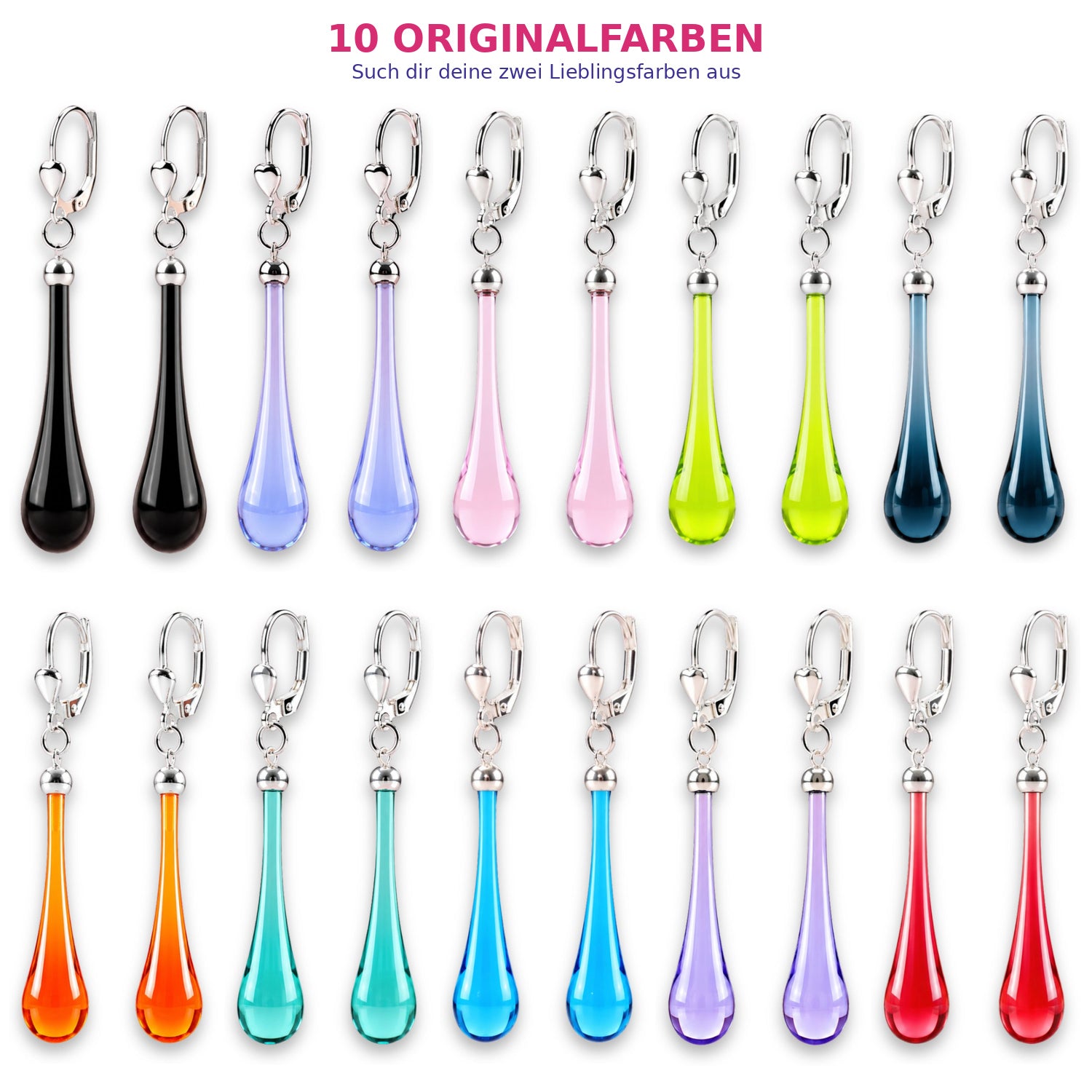 Tropfen Ohrringe 925 Silber – mundgeblasenes Glas, viele Farben