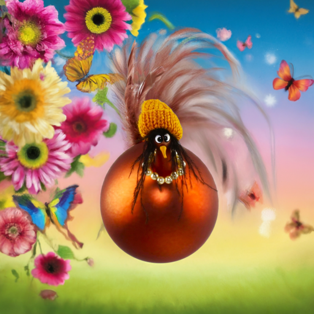 Poulet avec collier de perles, coloré, mat suspendu