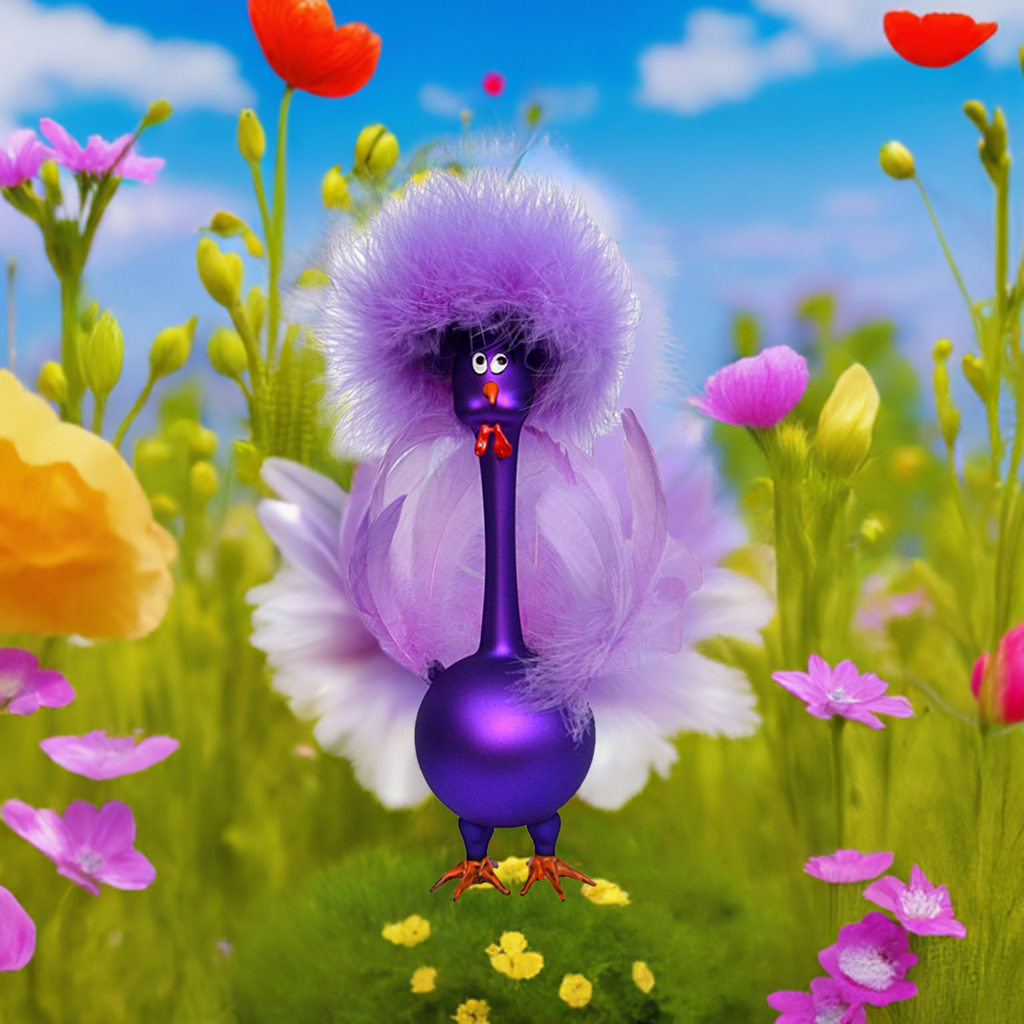 Tacchino "Missis Dafne" con cappello, boa e piume, viola salvia