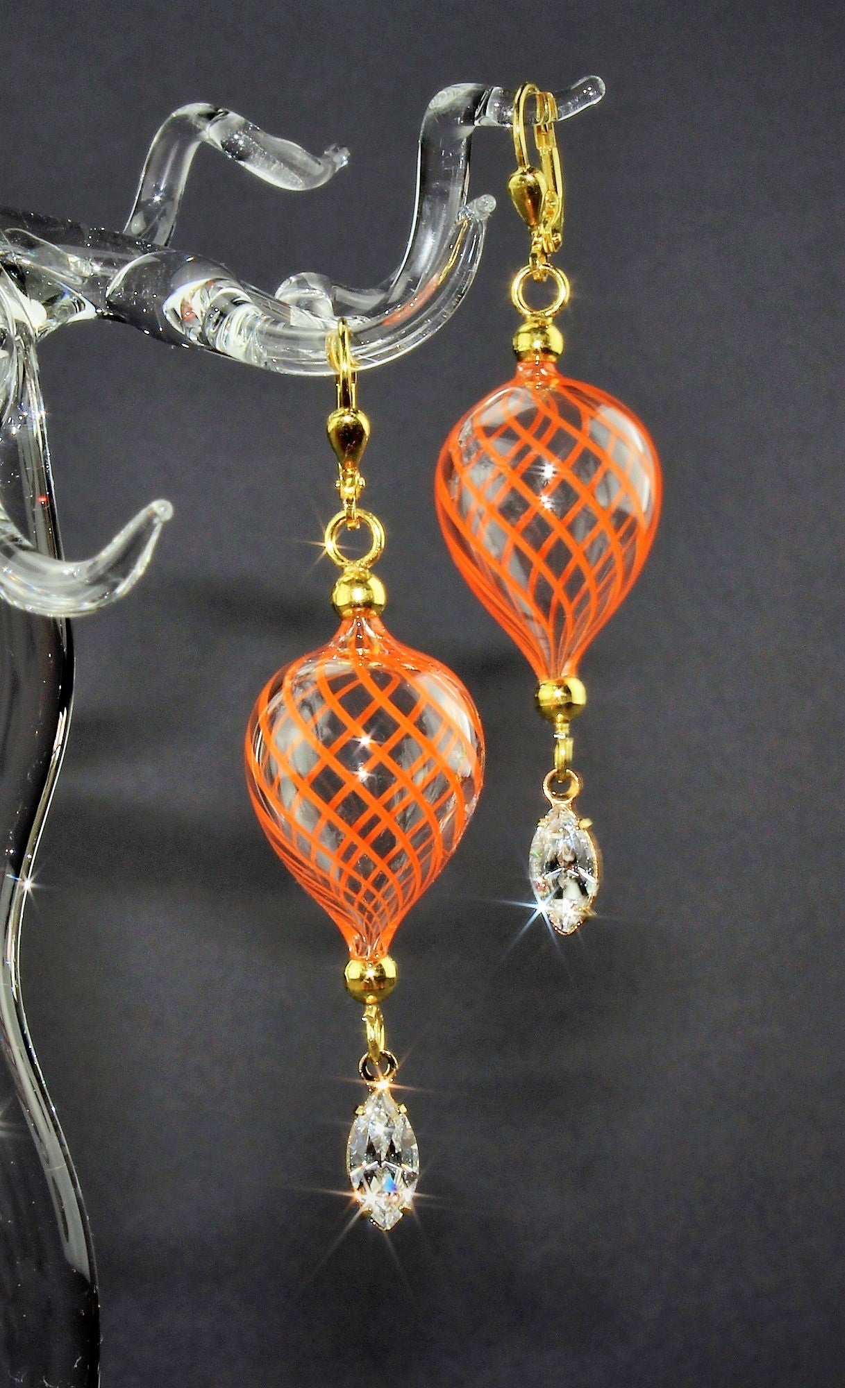Orecchini pendenti con cristallo / arancio, argento 925/000 placcato oro