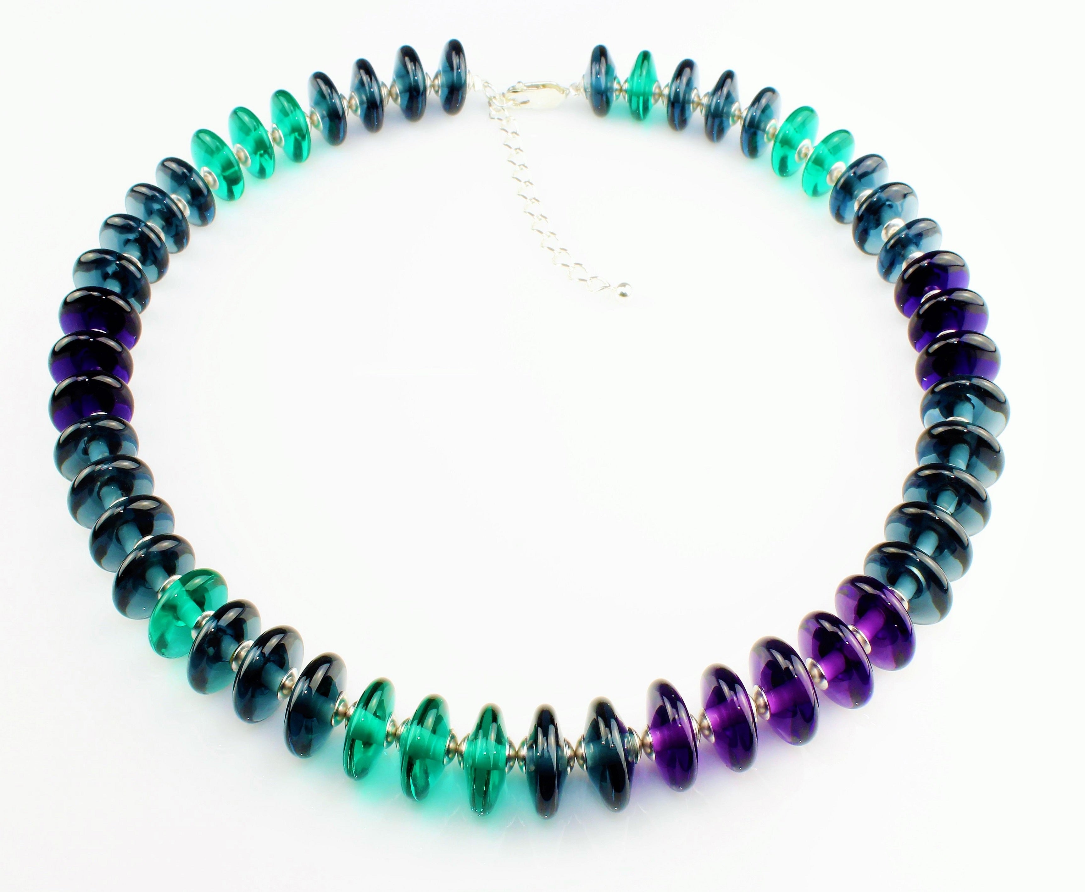 Lens necklace, amethyst-steel gray-turquoise