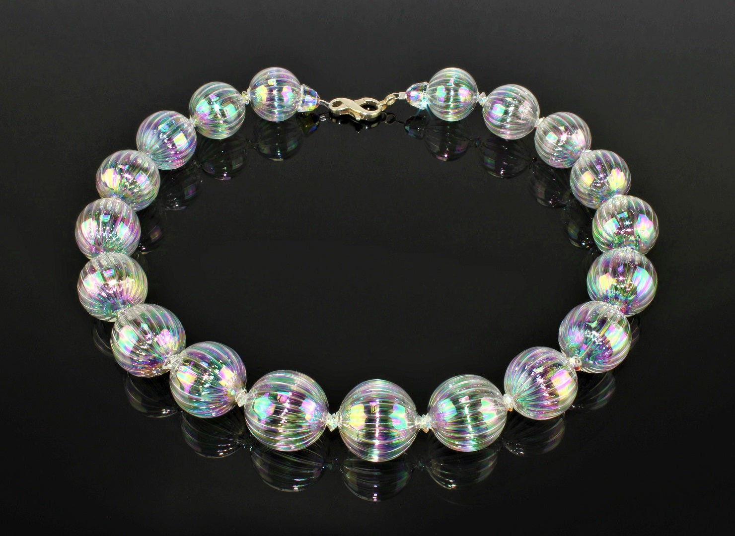 Bol ketting, Aurora Borealis grote structuur 925/000 zilver gerhodineerd, borosilicaatglas