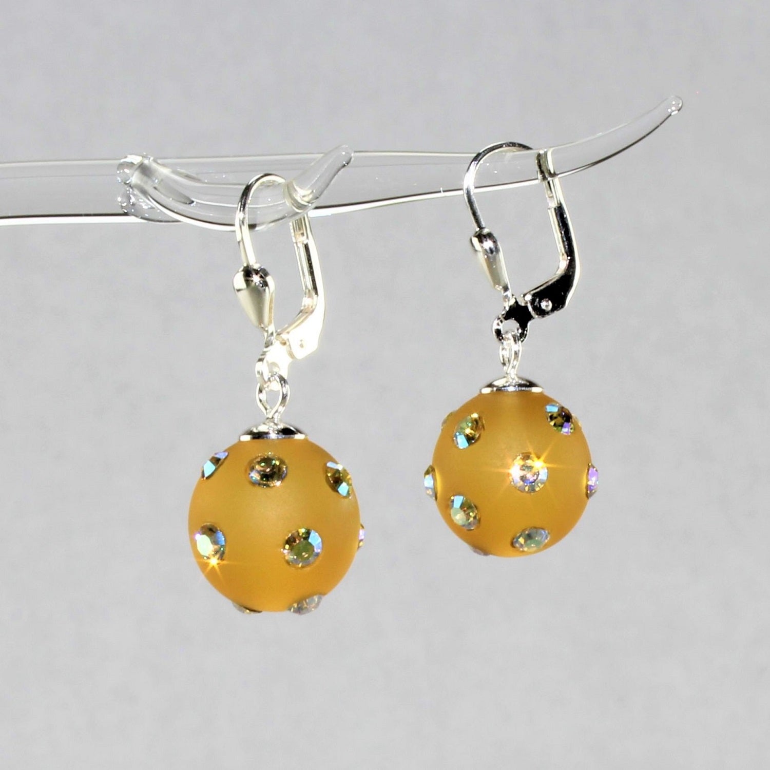 Boucles d'oreilles Boule, citrine mate avec cristaux, argent 925/000 rhodié