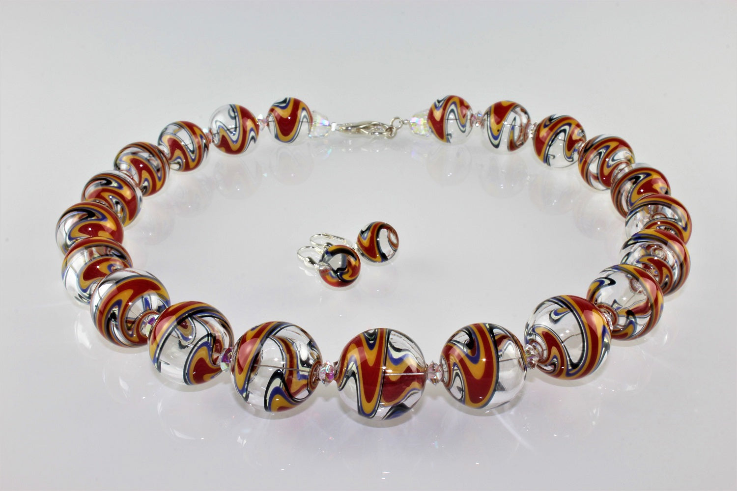 Ketting, gemarmerd draadglas, rood/geel/blauw