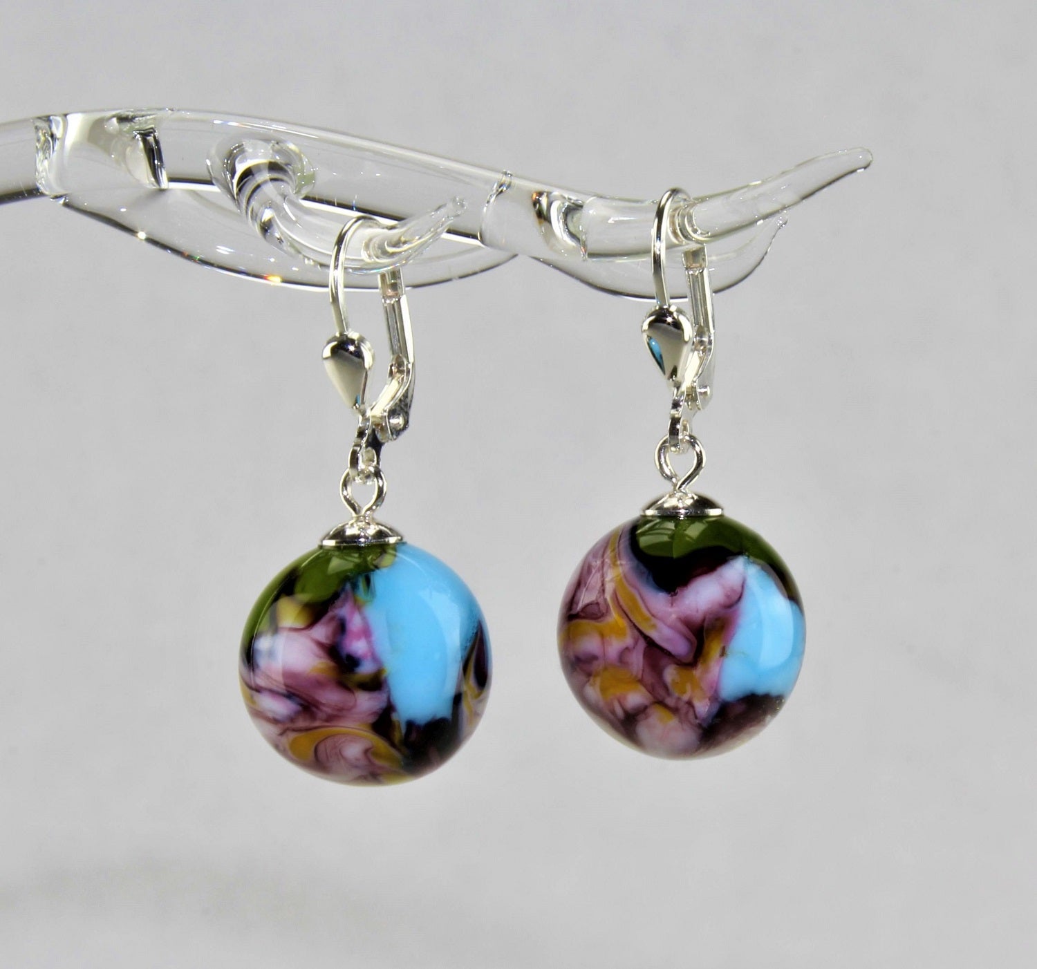 Boucles d'oreilles Boule, Vert-Bleu-Rose marbré, argent 925/000