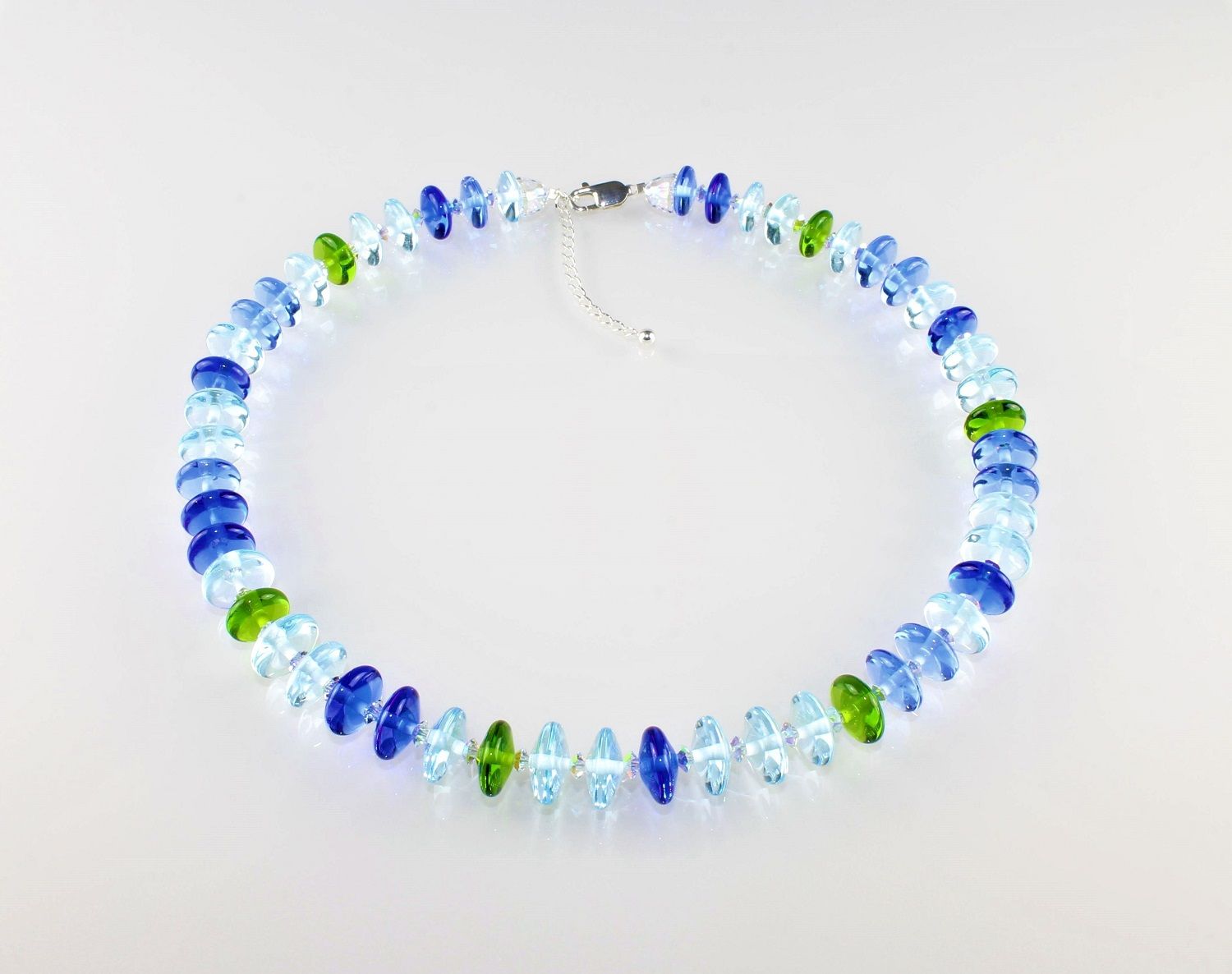 Lens necklace, blue-ice blue-lime green, from 40 cm