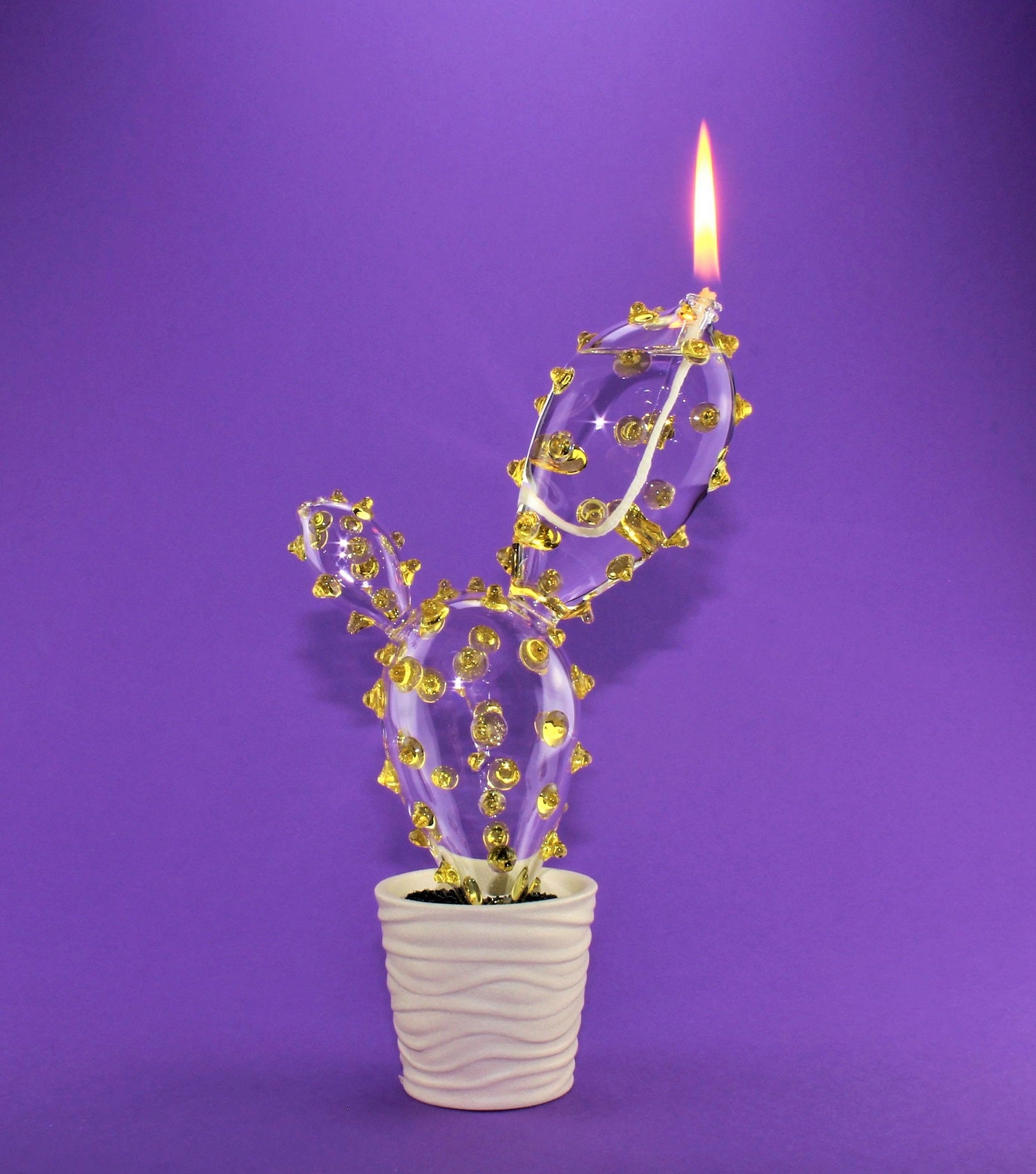 Lampe à huile "Cactus",Couleur : "Sun" Verre borosilicaté 3.3 Duran , Hauteur 23cm , D 14 cm