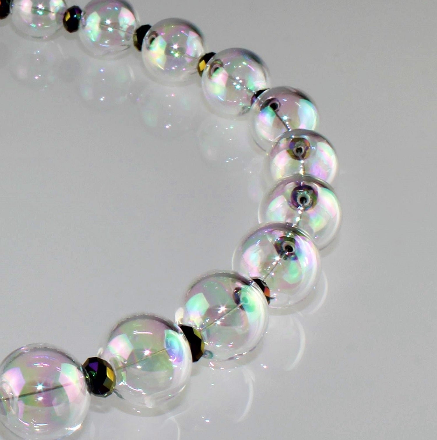 Kugel Kette , Aurora Borealis Struktur klein Black Rainbow Color 925/000 Silber rhodiniert