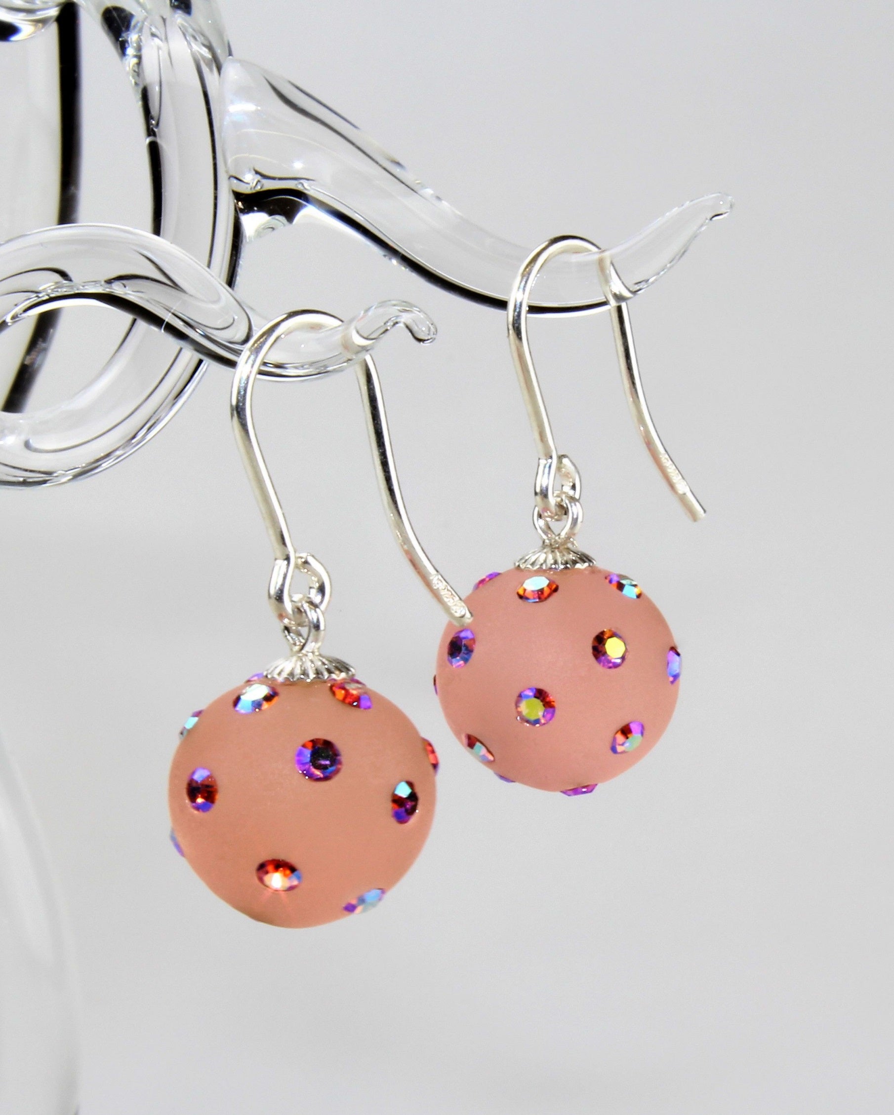 Boucles d'oreilles boule vieux rose avec cristaux, argent 925/000 rhodié