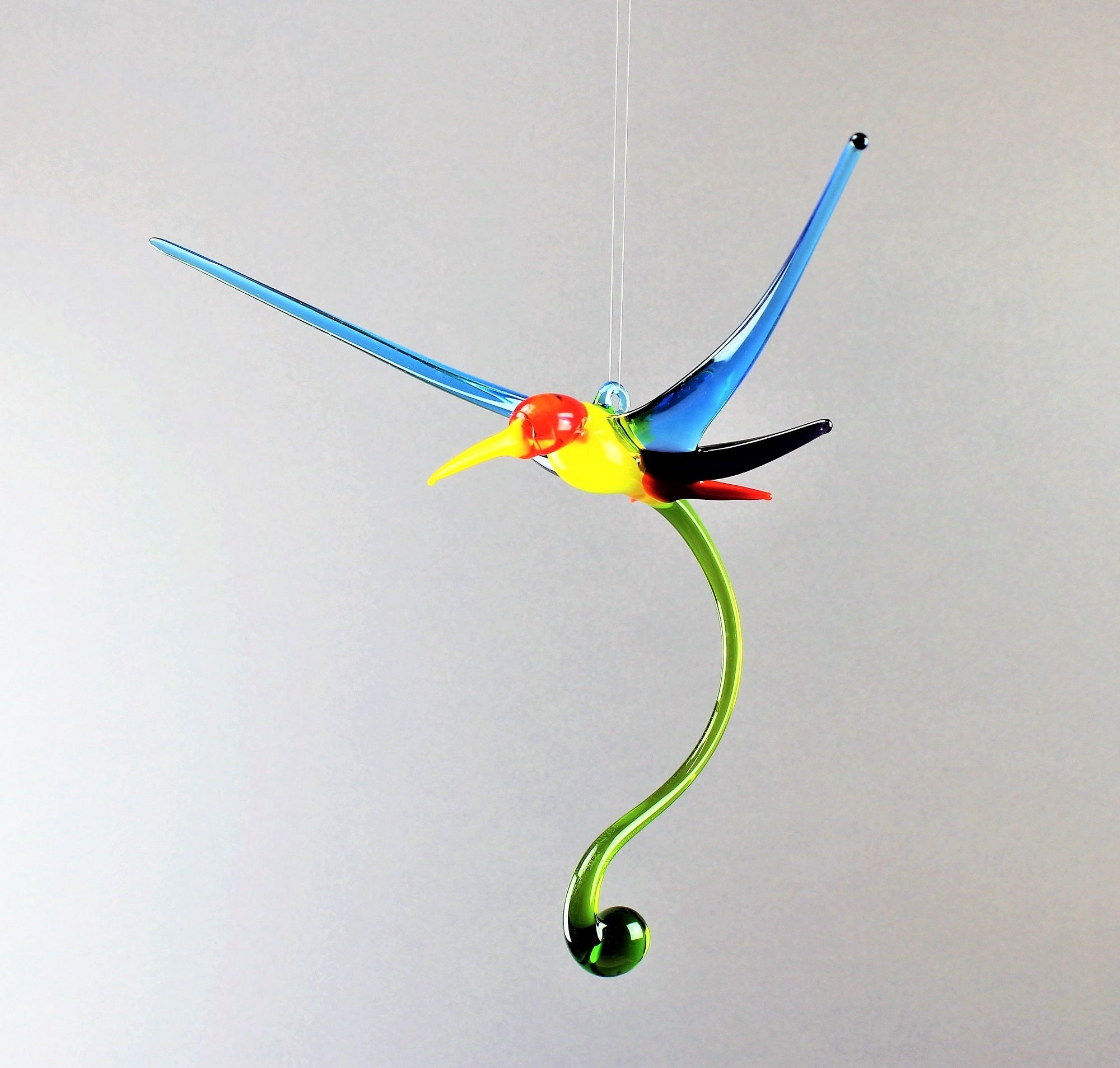 Colibrì in vetro borosilicato colorato, dimensioni 20-22 cm