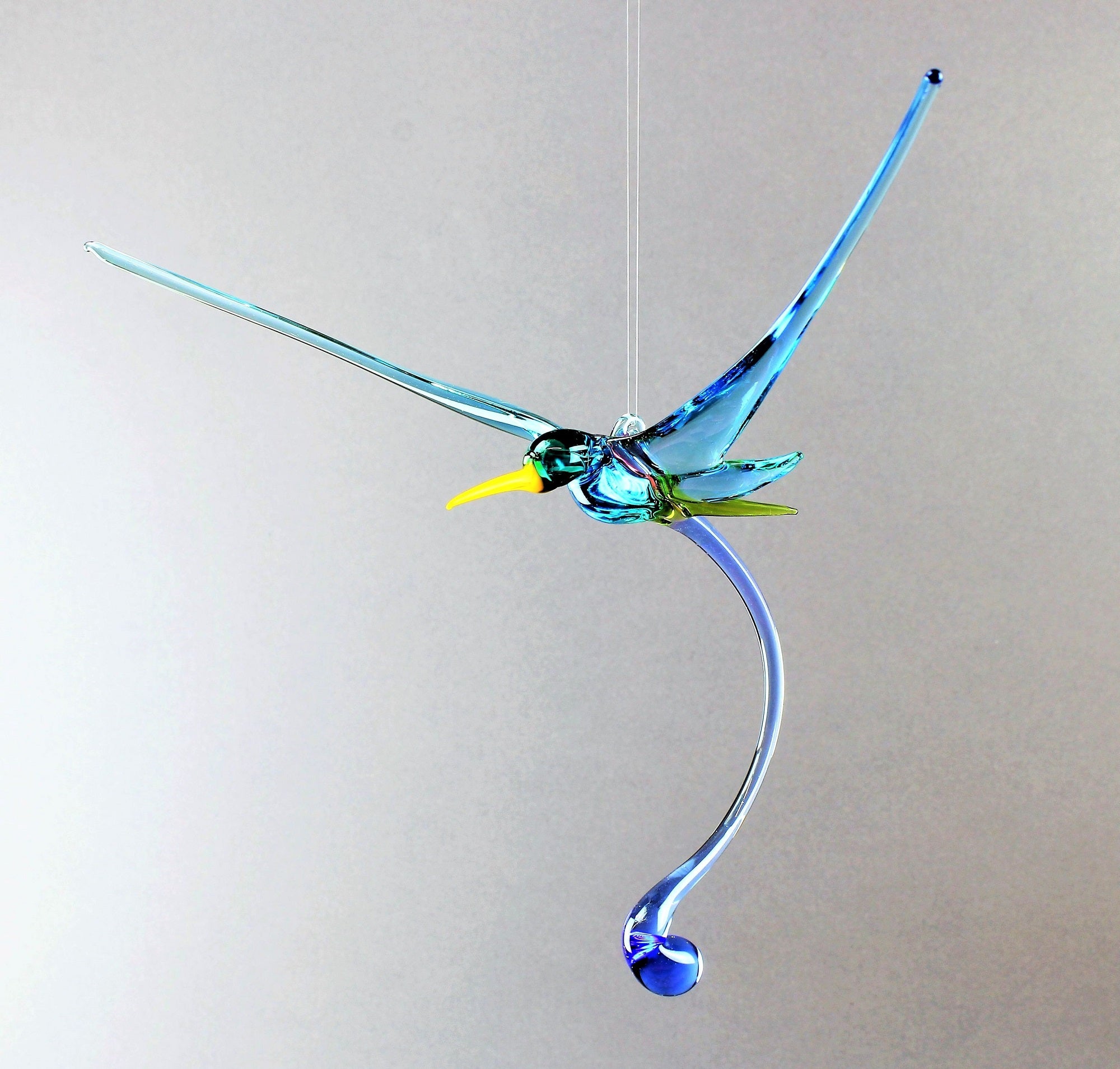 Colibrì in vetro borosilicato colorato, dimensioni 20-22 cm