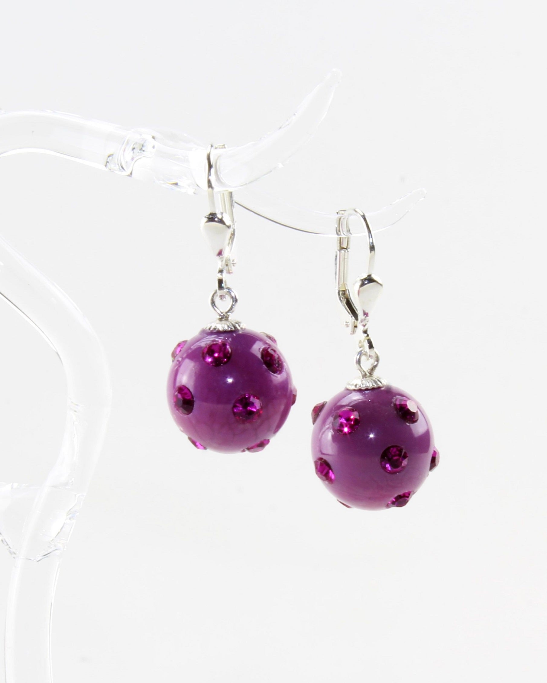 Boucles d'oreilles boule pourpre avec cristaux, argent 925/000 rhodié