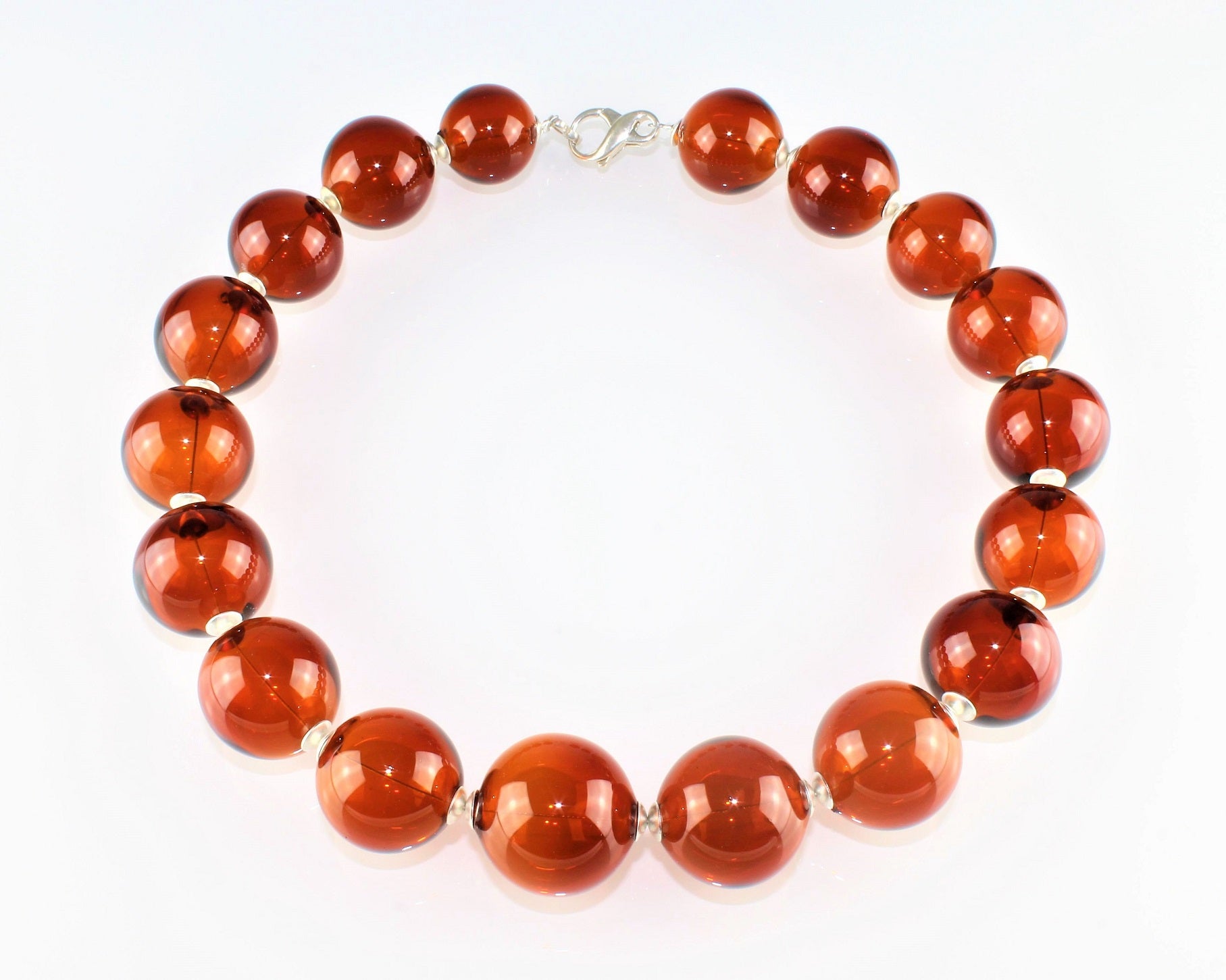 Ball chain, amber, 925/000 rhodium-plated silver, borosilicate glass