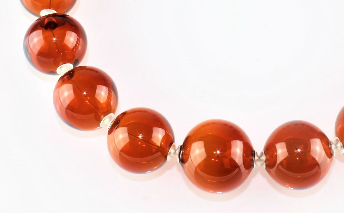 Ball chain, amber, 925/000 rhodium-plated silver, borosilicate glass
