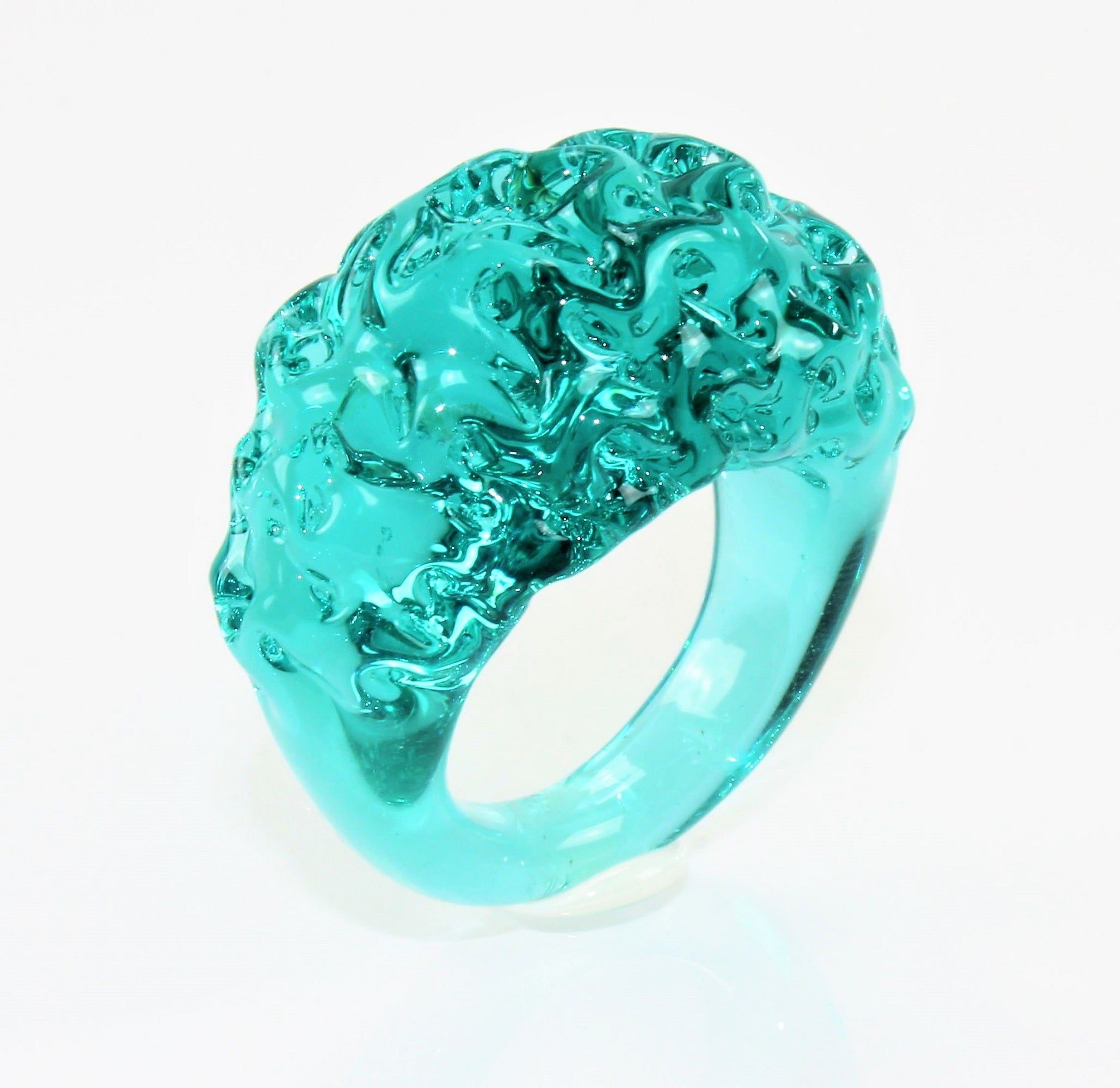 Anneau "mountain and valley",turquoise- vert, verre borosilicaté