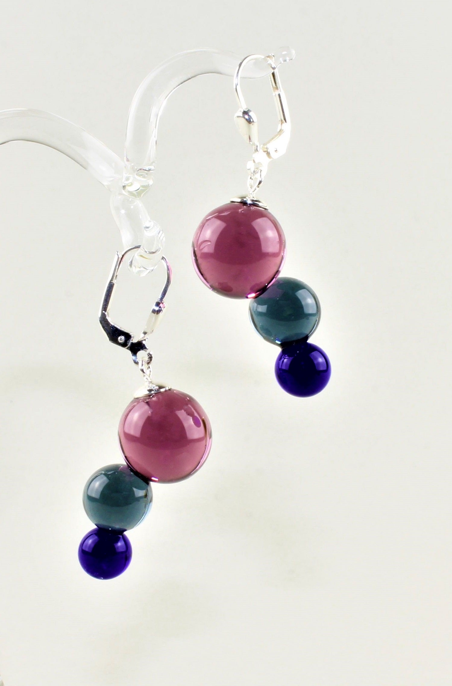 Boucles d'oreilles série Molécule , verre borosilicaté 3.3, argent 925/000 rhodié