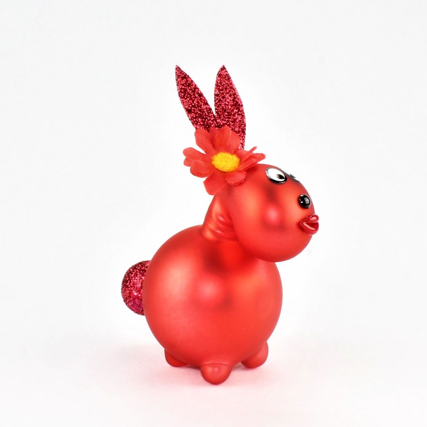 Coniglietto rosso pomodoro opaco con e senza bocca da baciare, con decorazione, vetro borosilicato 3,3 Duran