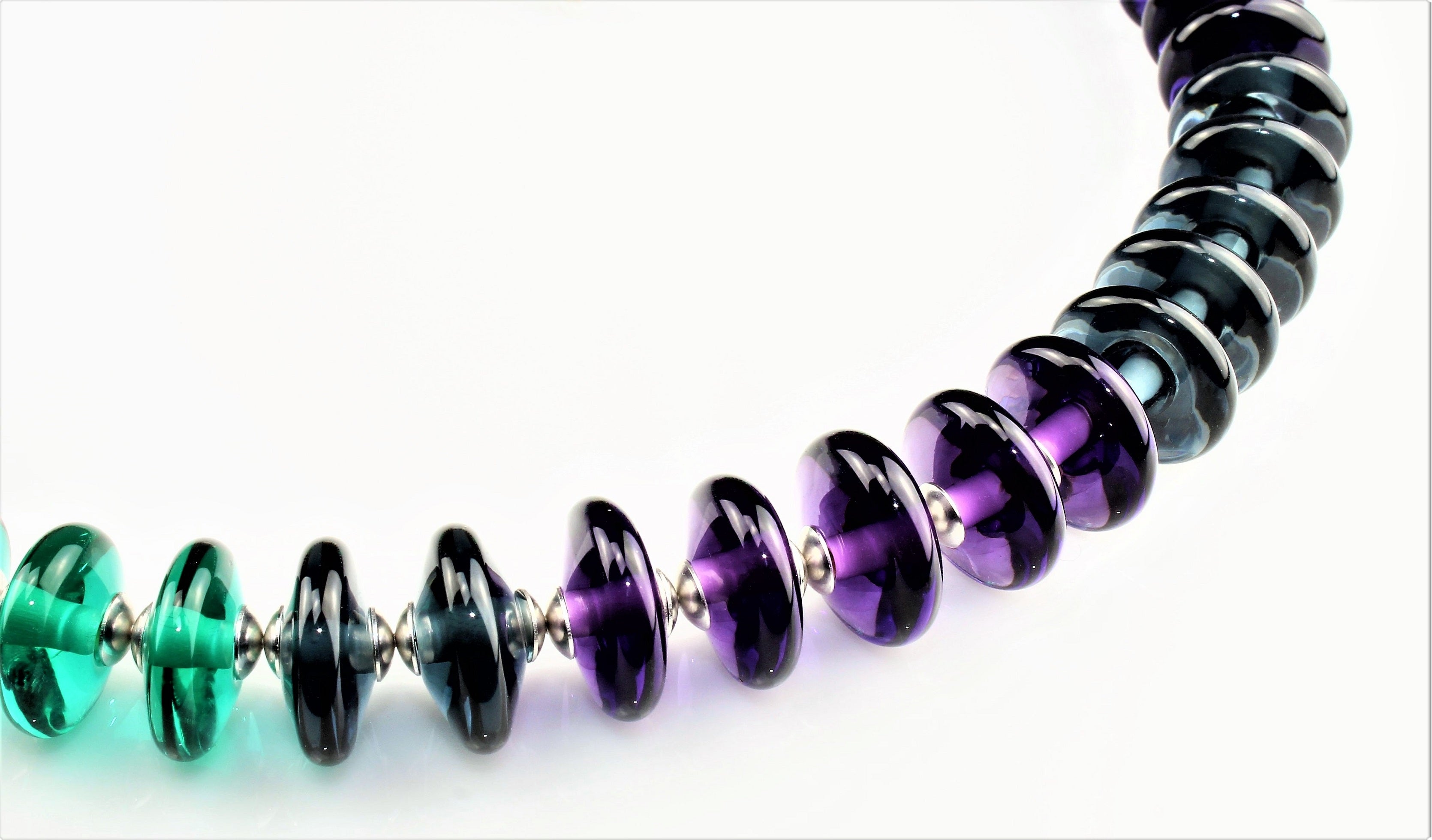Lens necklace, amethyst-steel gray-turquoise