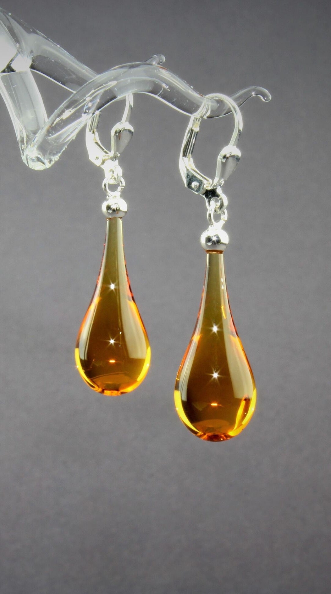 Boucles d'oreilles Goutte d'ambre miel, argent 925/000 rhodié