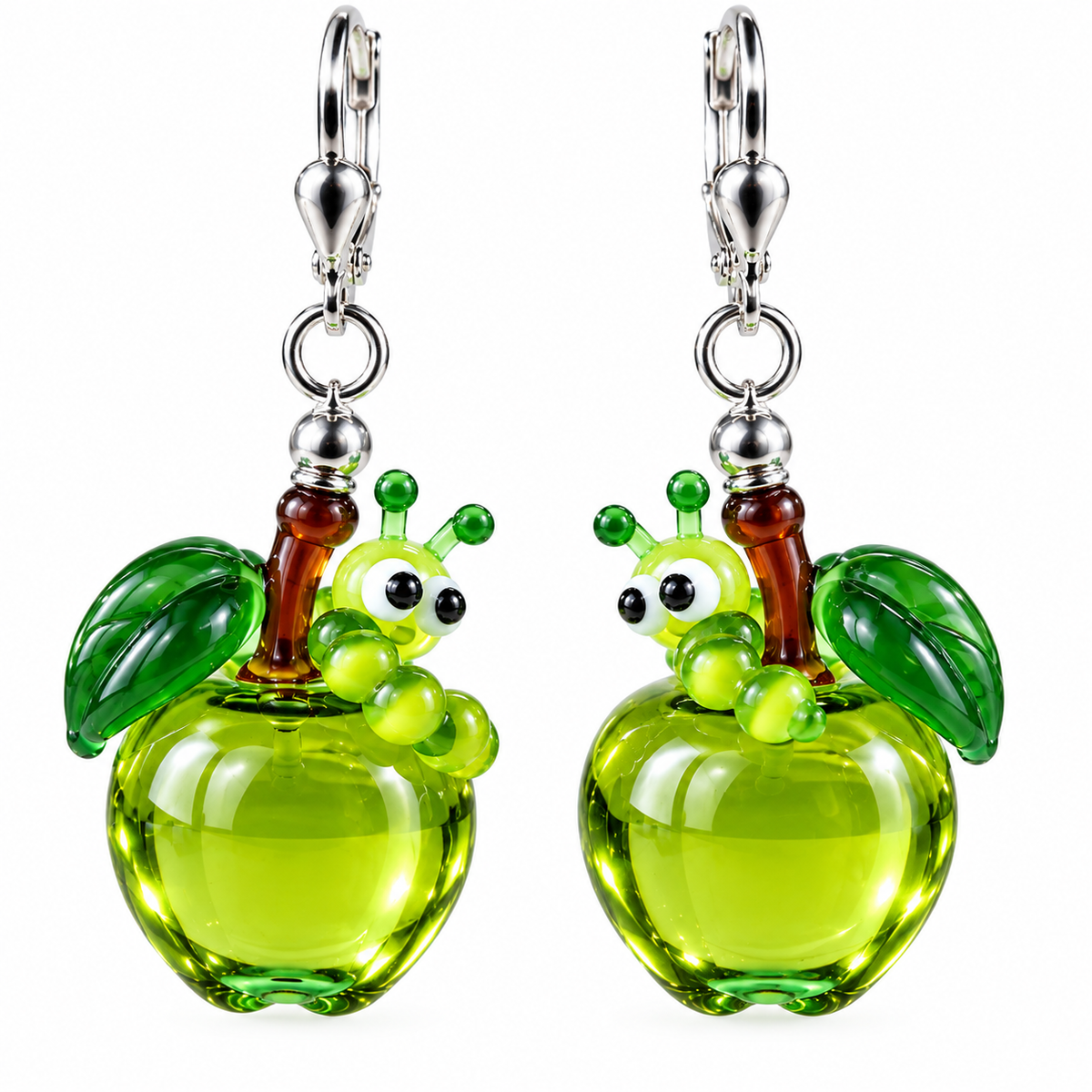 Apfel- & Birnen-Ohrringe aus Glas mit Raupe – handgemachte Unikate