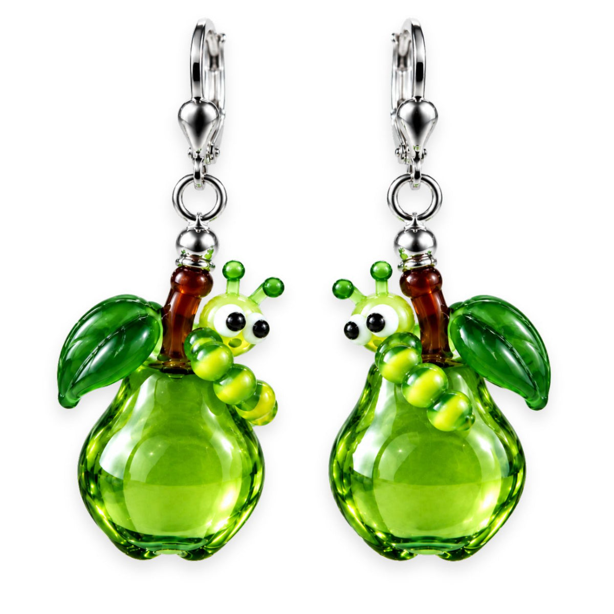Apfel- & Birnen-Ohrringe aus Glas mit Raupe – handgemachte Unikate