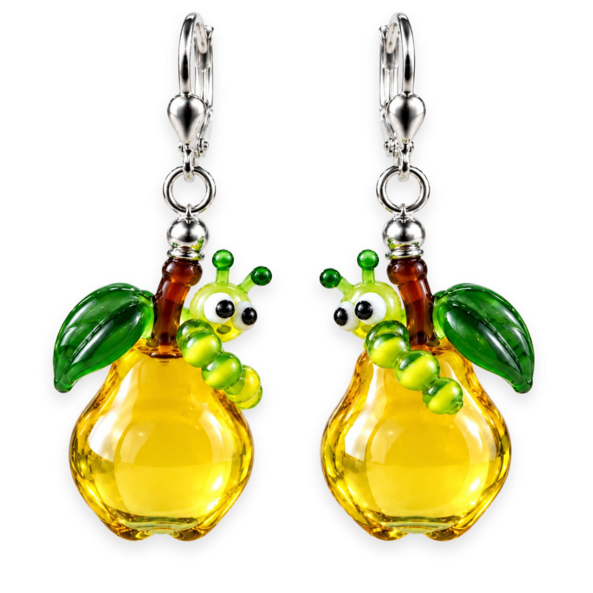 Apfel- & Birnen-Ohrringe aus Glas mit Raupe – handgemachte Unikate